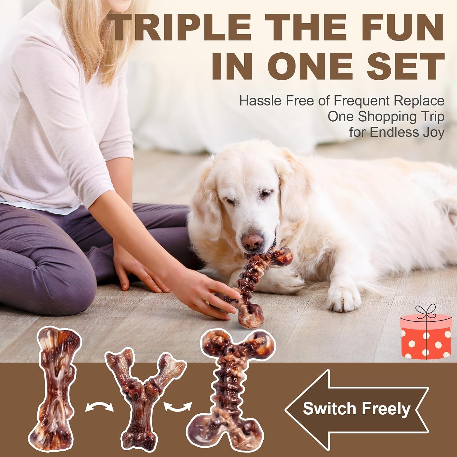 Detalle de ChienBox 3-Pack Indestructible Nylon Chew Toys for Aggressive Chewers — Bacon Flavour (XL, 10–40 kg)