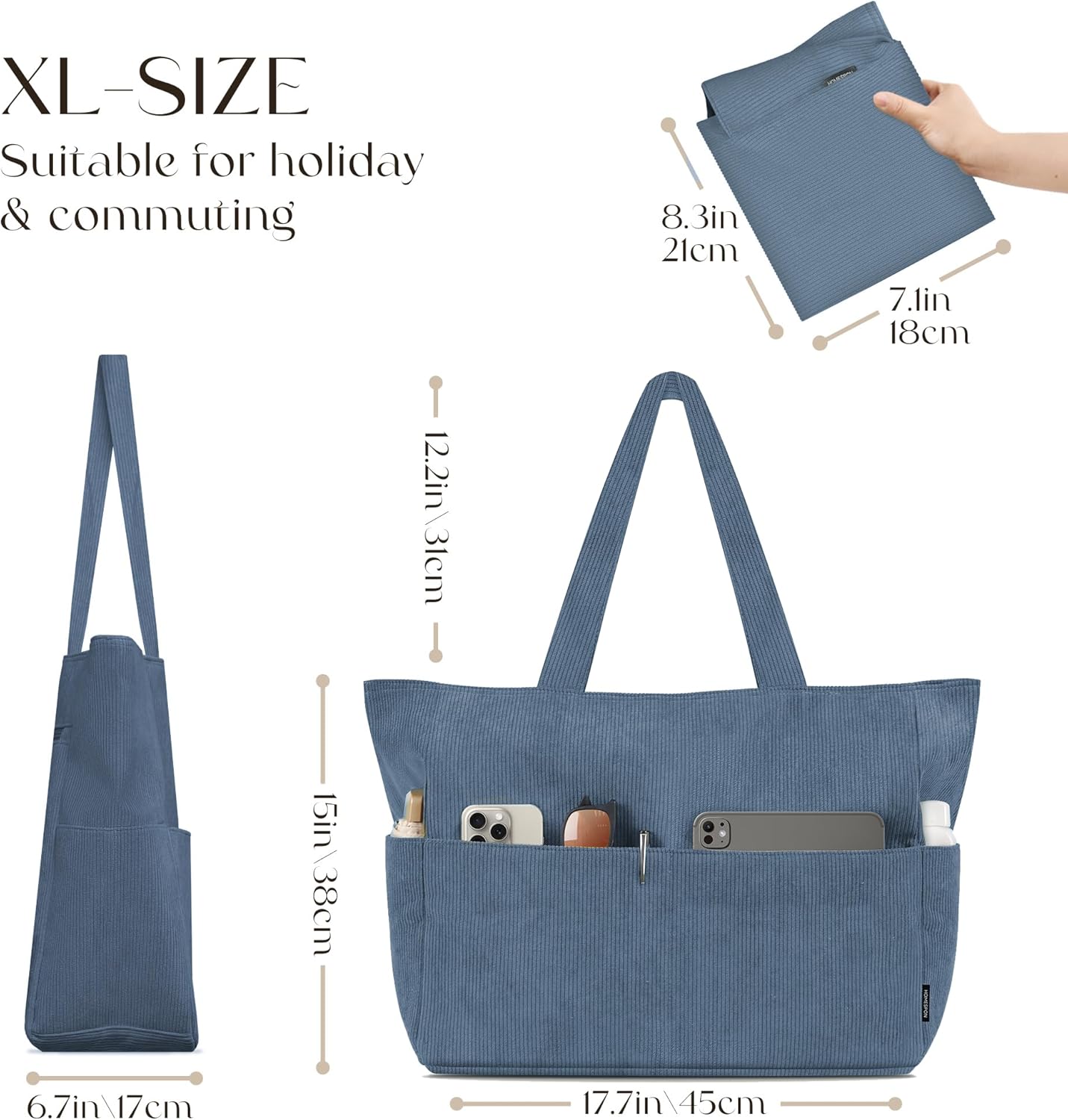 Thumbnail 2 de HOMESPON corduroy tote bag for women with zip – large foldable shoulder bag for work, school and travel