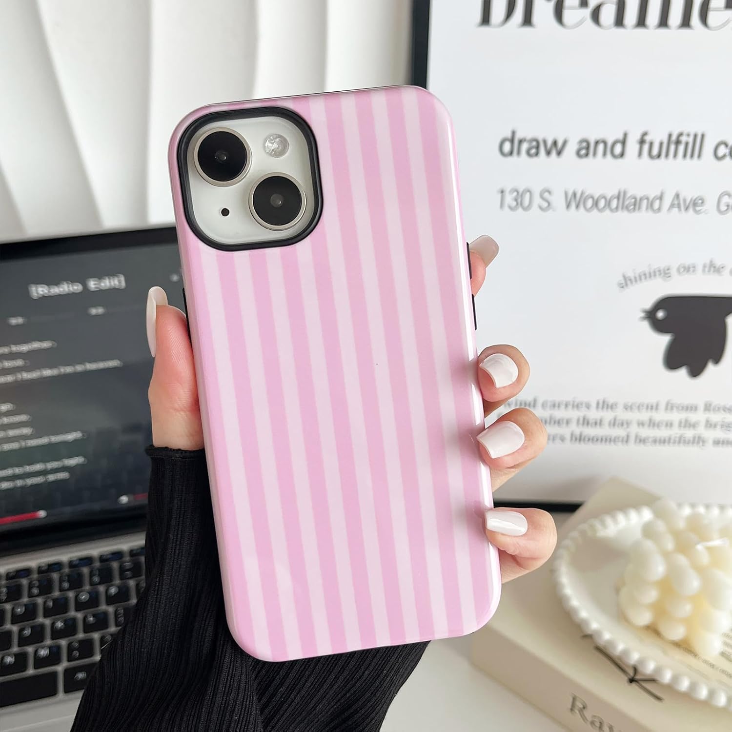 Thumbnail 2 de CHEDEMK iPhone 13/14 Case - Cute Pink Striped Pattern, Shockproof TPU + PC