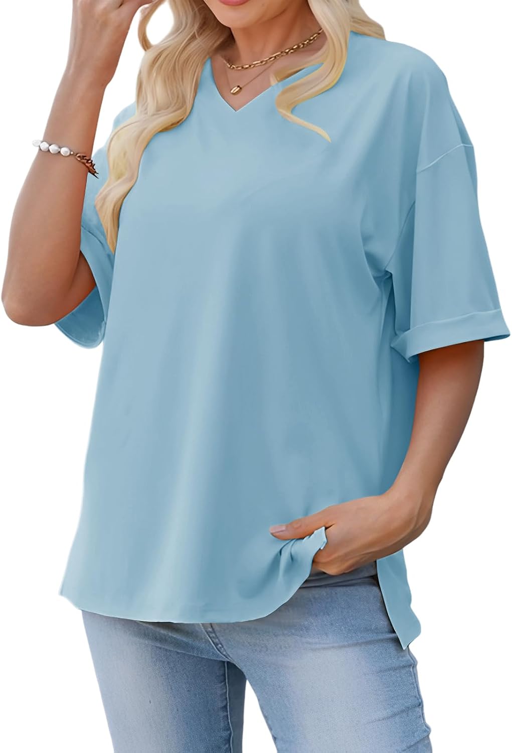 Detalle de Cuptacc Tee Shirt Femme Col V Été - T-Shirt Oversize à Manches Courtes