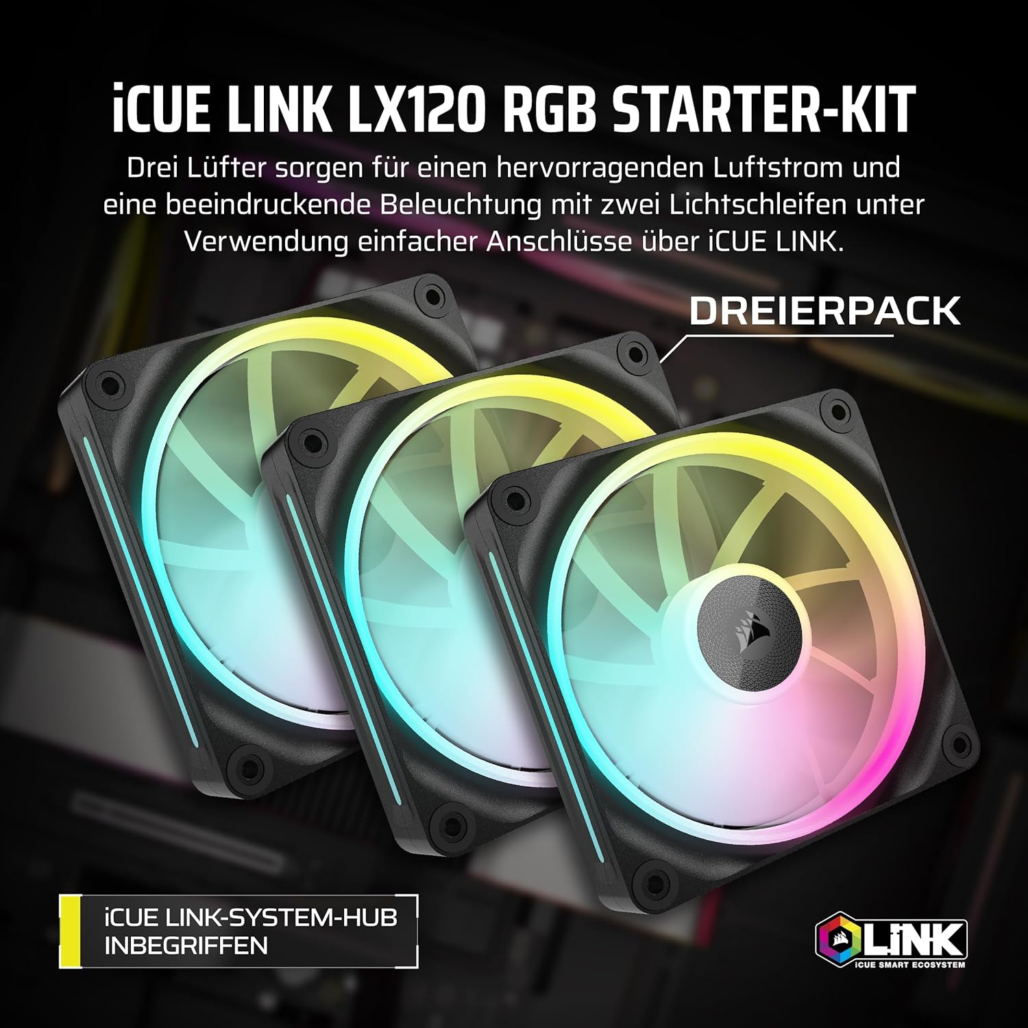 Detalle 2 de Corsair iCUE LINK LX120 RGB 120mm PWM Lüfter 3er-Pack