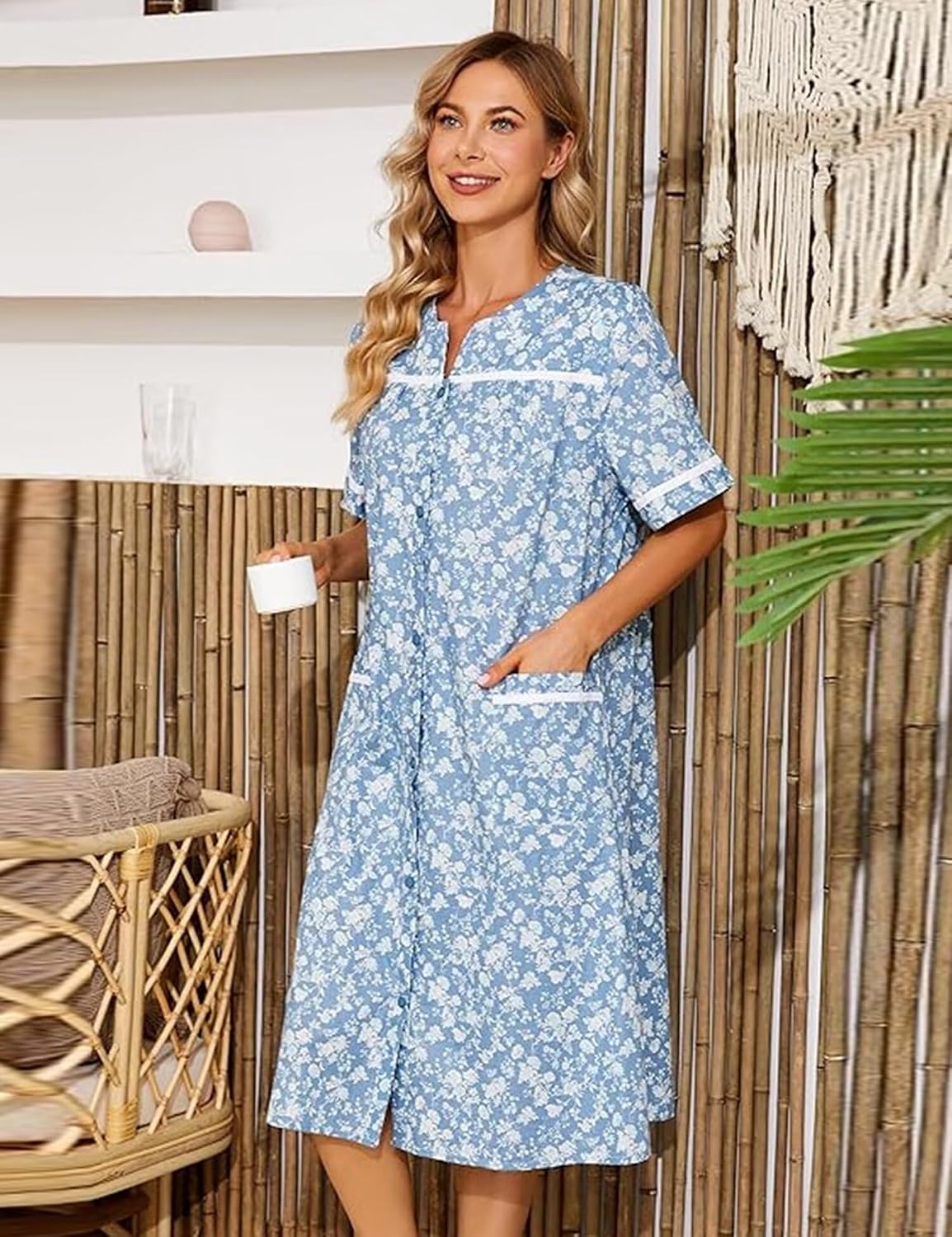 Thumbnail 2 de YOZLY Embroidered Women’s House Dress, Short Sleeves and Front Pockets, Black