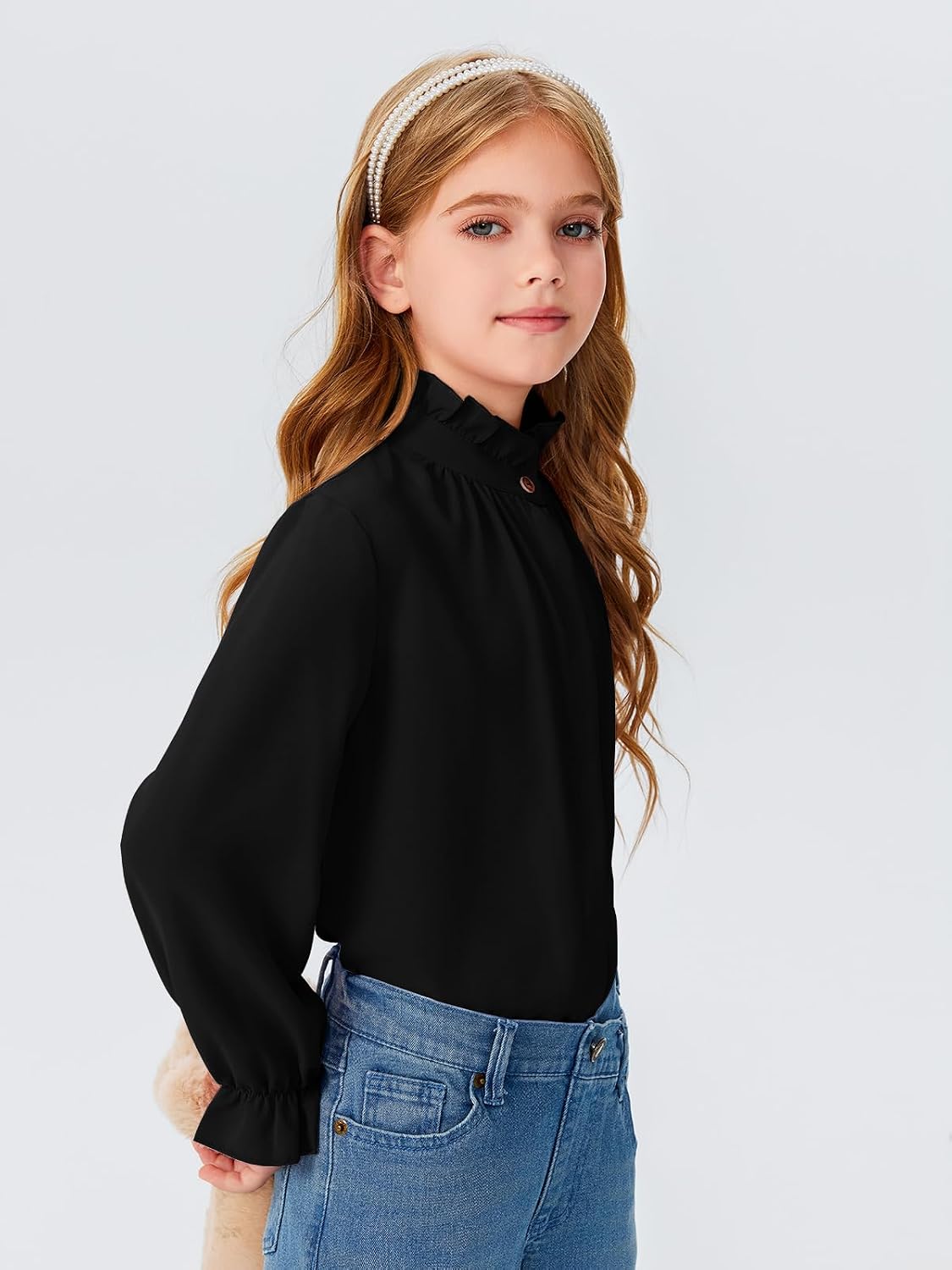 Thumbnail 2 de Haloumoning meisjesblouse met lange mouwen, ruches en opstaande kraag