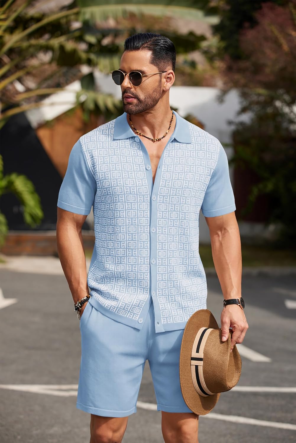 Thumbnail 2 de COOFANDY Men's 2 Piece Vintage Knit Polo & Beach Shorts Set