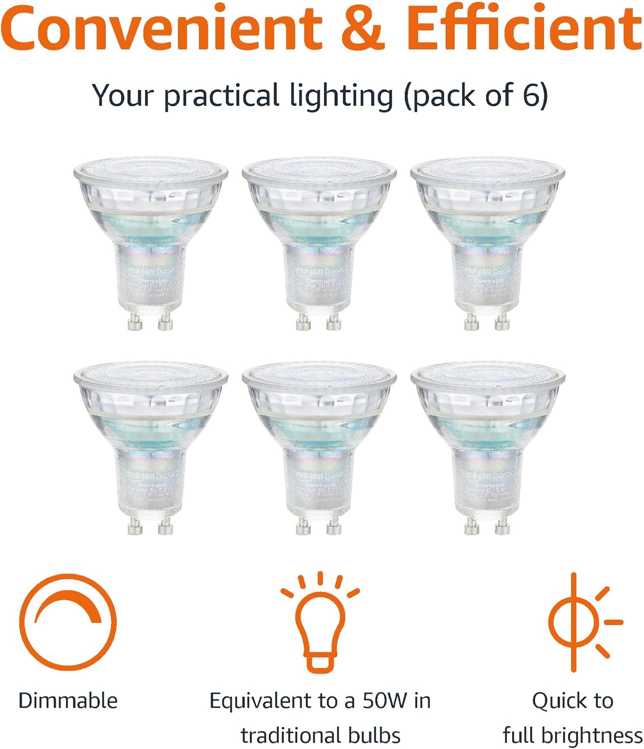 Detalle de Amazon Basics Professional LED GU10 Spotlight Bulb (6-Pack) – 4.8W, 2700K Warm White, Dimmable