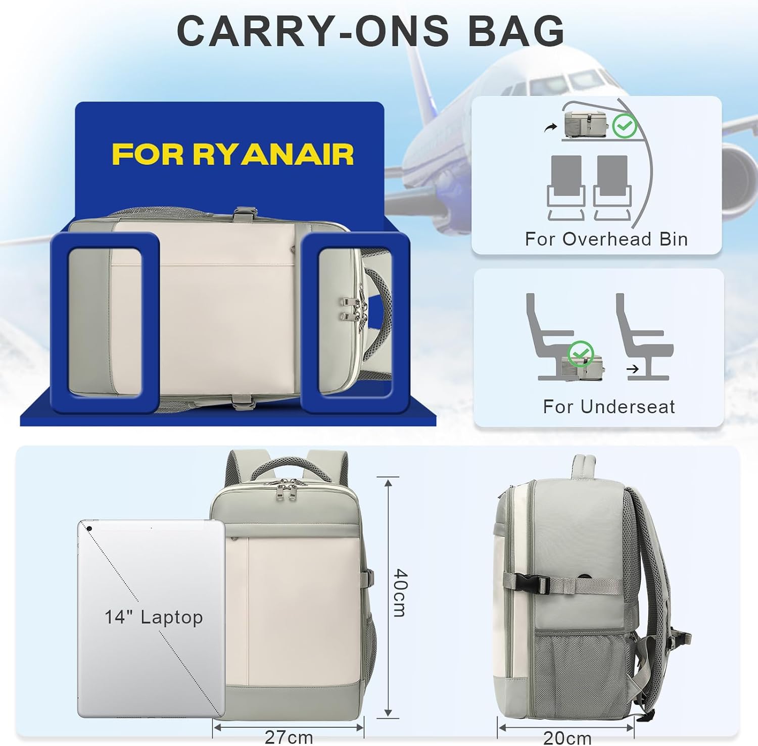 Thumbnail 1 de Xkdoai Zaino 40x30x20 per Ryanair: bagaglio a mano 20L con tasche anti-furto e spallacci imbottiti