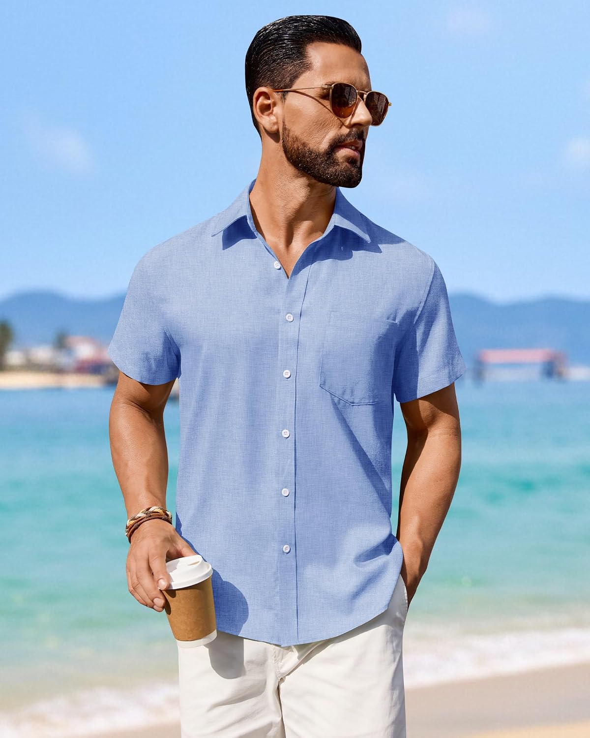 Detalle de Demeanor Linen Mens Short Sleeve Shirt – Lightweight, Breathable Linen Blend for Summer