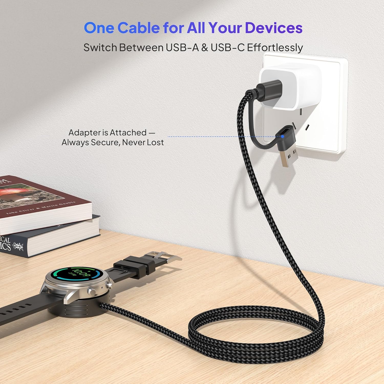 Detalle de Elebase 2-in-1 USB-C auf Garmin Uhr Ladekabel & Ladestation (1,2 m) – für Gehäusegröße < 47 mm