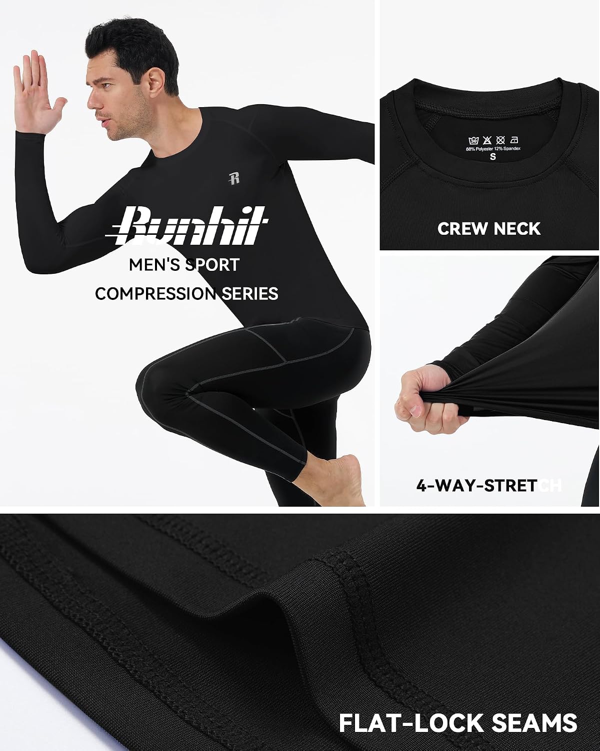 Detalle de Runhit Men’s Long-Sleeve Compression Shirt, UPF 50+ Rash Guard