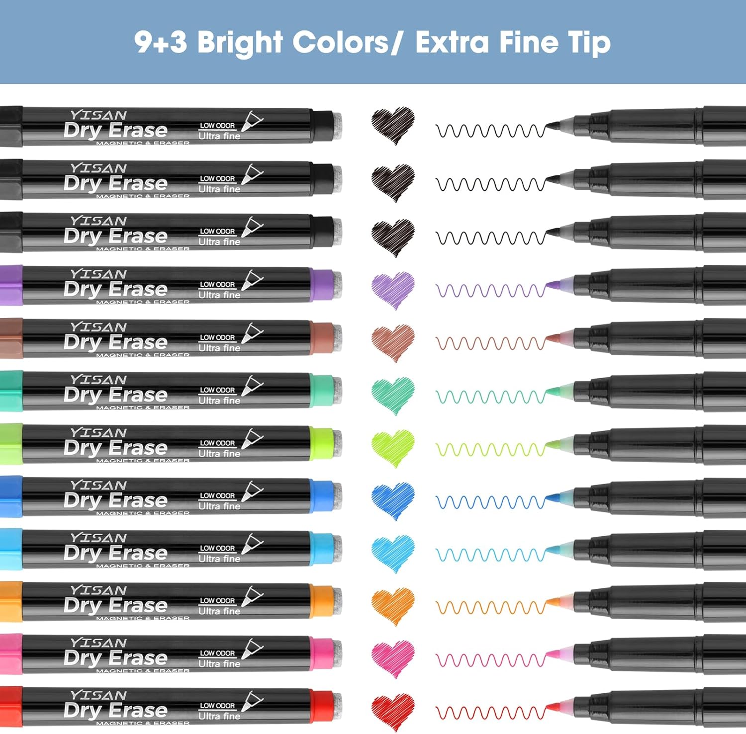 Thumbnail 4 de YISAN Magnetic Whiteboard Pens (Ultra Fine 0.7 mm) – 12 Dry Wipe Markers with Erasers