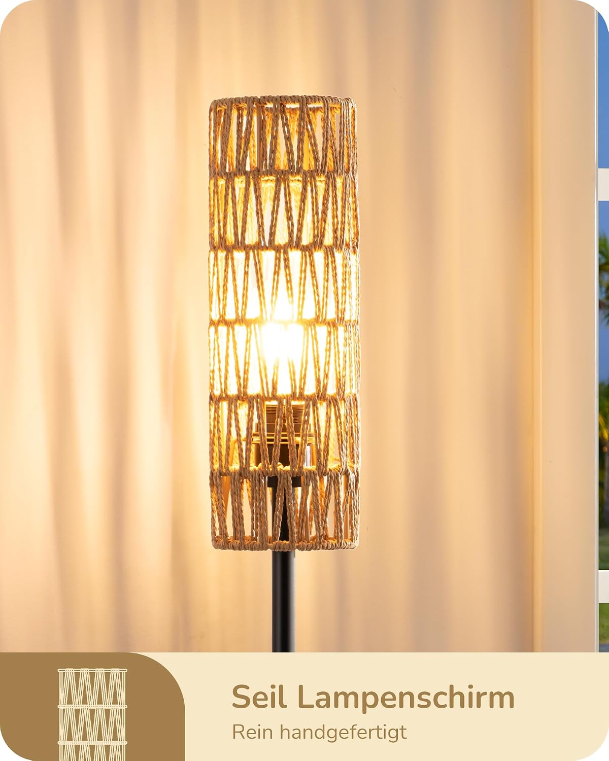 Detalle de EDISHINE Stehlampe fürs Wohnzimmer mit gewebtem Seil-Lampenschirm (2700K, E27), Höhe 165 cm