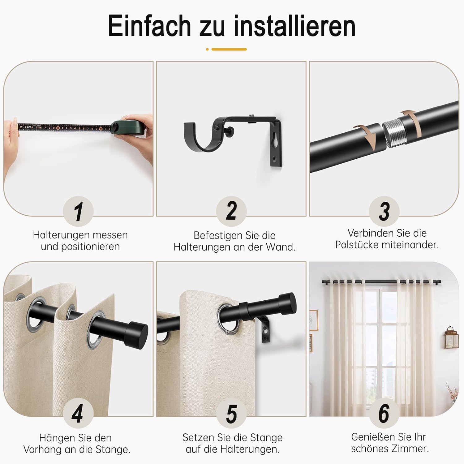 Detalle 2 de DEFYNEE Tringle à Rideaux Métallique Extensible 80-218 cm – Ø25 mm, Noir