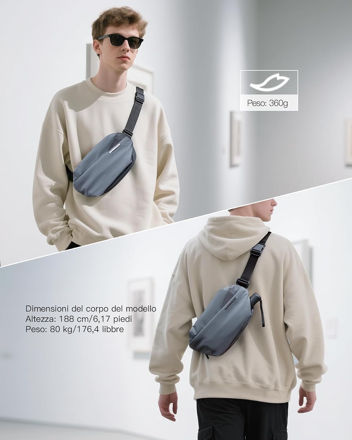 Thumbnail 6 de Inateck Borsa a tracolla X da 4 L impermeabile con scomparto per elettronica, grigio scuro (L)