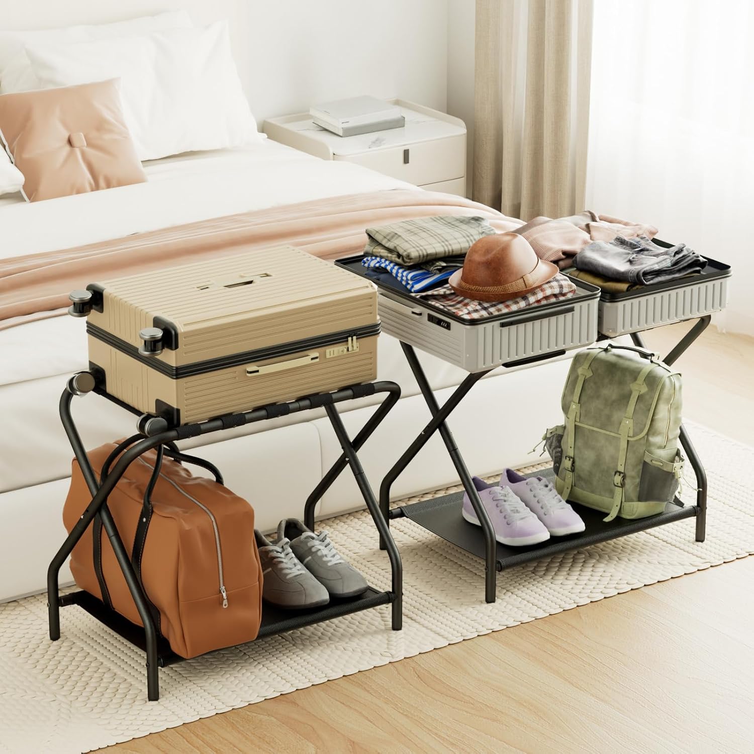 Thumbnail 1 de AMHANCIBLE Luggage Rack (Set of 2) Foldable Suitcase Stands with Storage Shelf, HLR02BK, Black