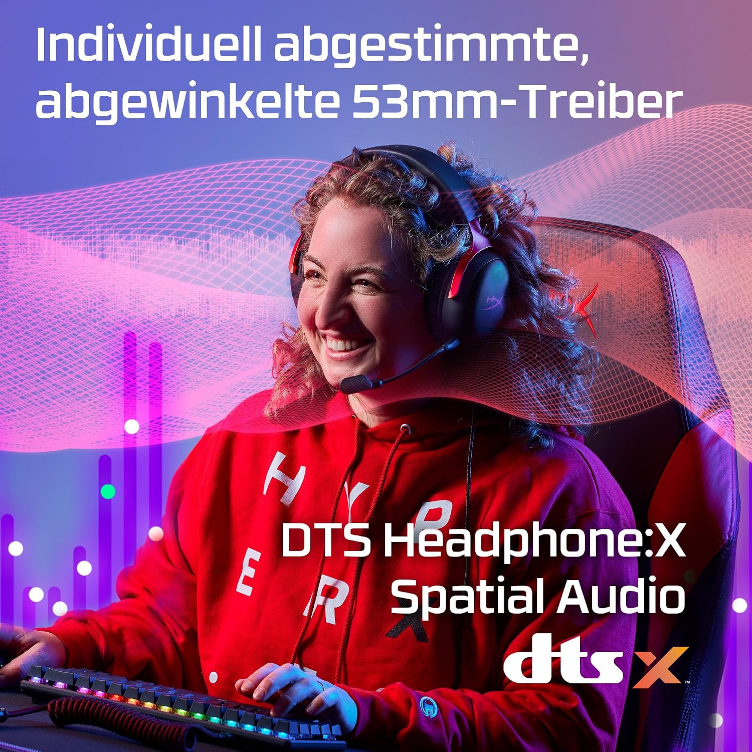 Detalle de HyperX Cloud III Gaming-Headset kabelgebunden mit 53-mm-Treibern, DTS und Noise-Cancelling-Mikrofon (Schwarz/Rot)