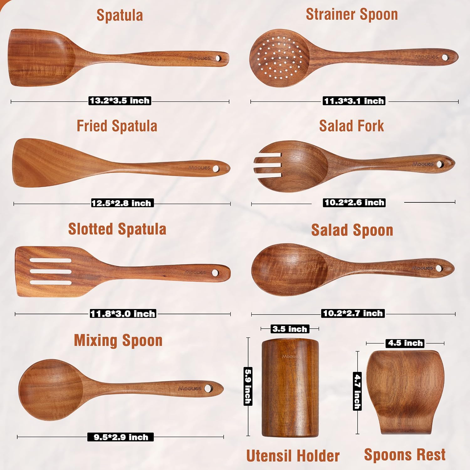 Detalle 2 de Mooues 9-Piece Teak Kitchen Utensil Set 🍽
