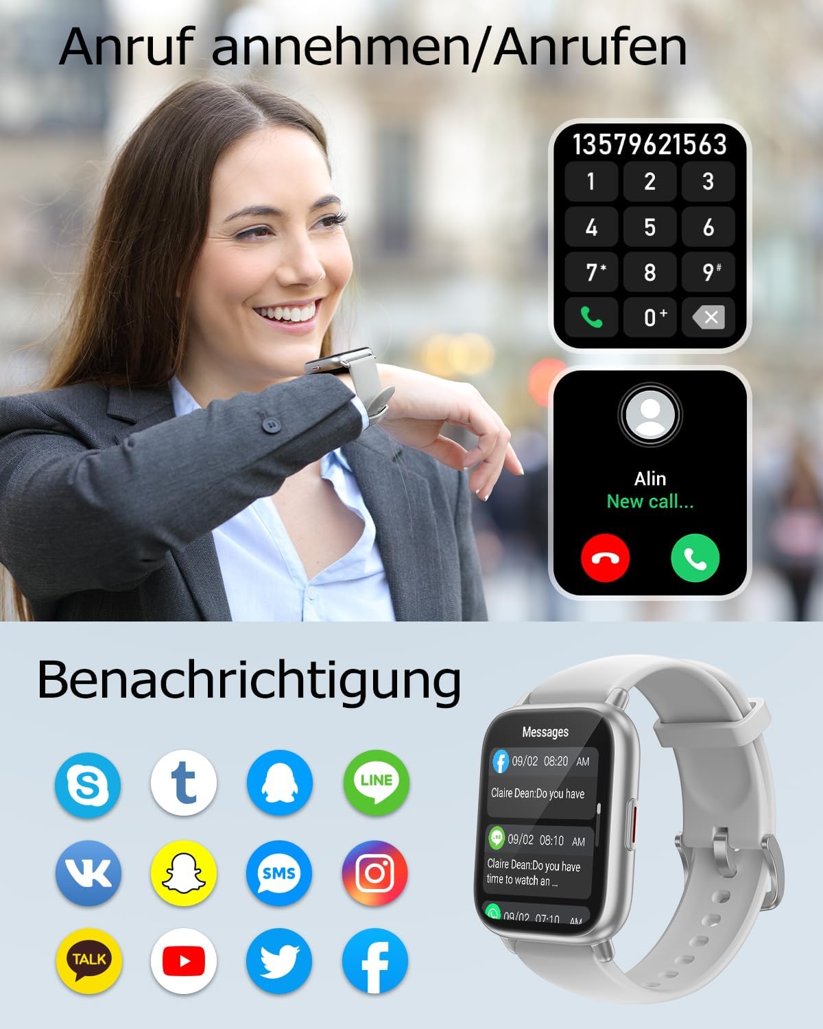 Detalle de RUIMEN Smartwatch mit Telefonfunktion – 1,85'' HD-Display, 110+ Trainingsmodi, SpO2 & Schlafmonitor