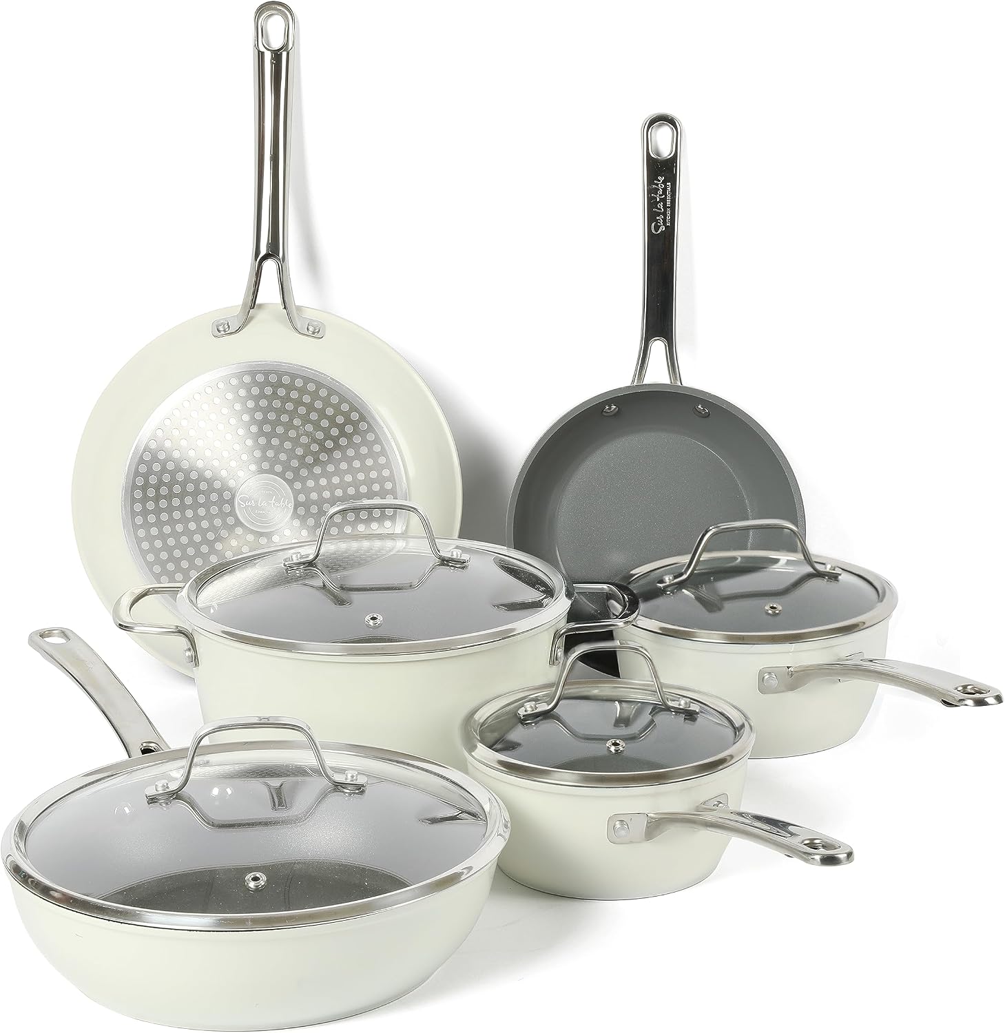 Detalle de Sur La Table Kitchen Essentials 10-Piece PFA-Free Nonstick Cookware Set (Titanium Ceramic) - Linen White