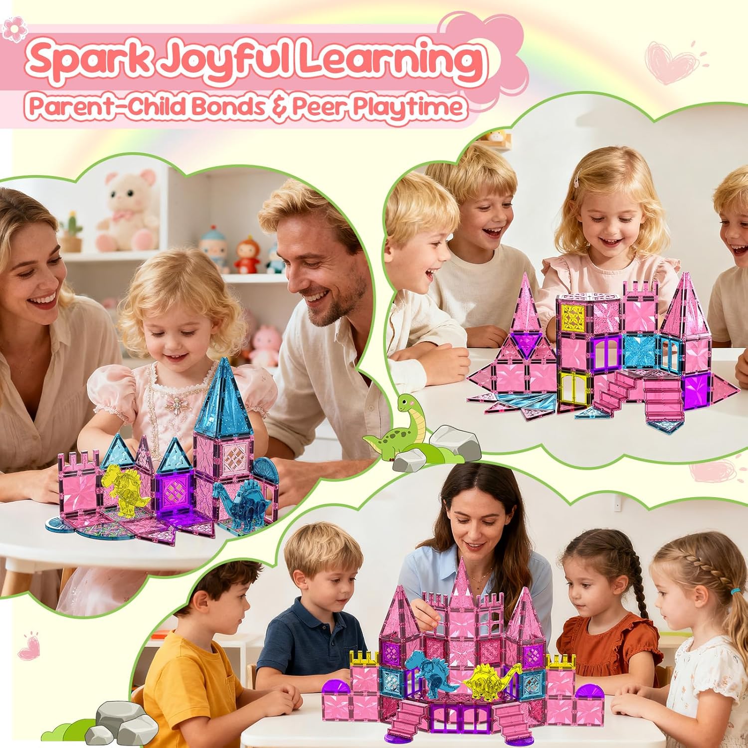 Detalle 2 de UREC 60PCS Dinosaur Toys Magnetic Tiles for Girls: Pink Dino Magnetic Building Blocks (Ages 3-8)
