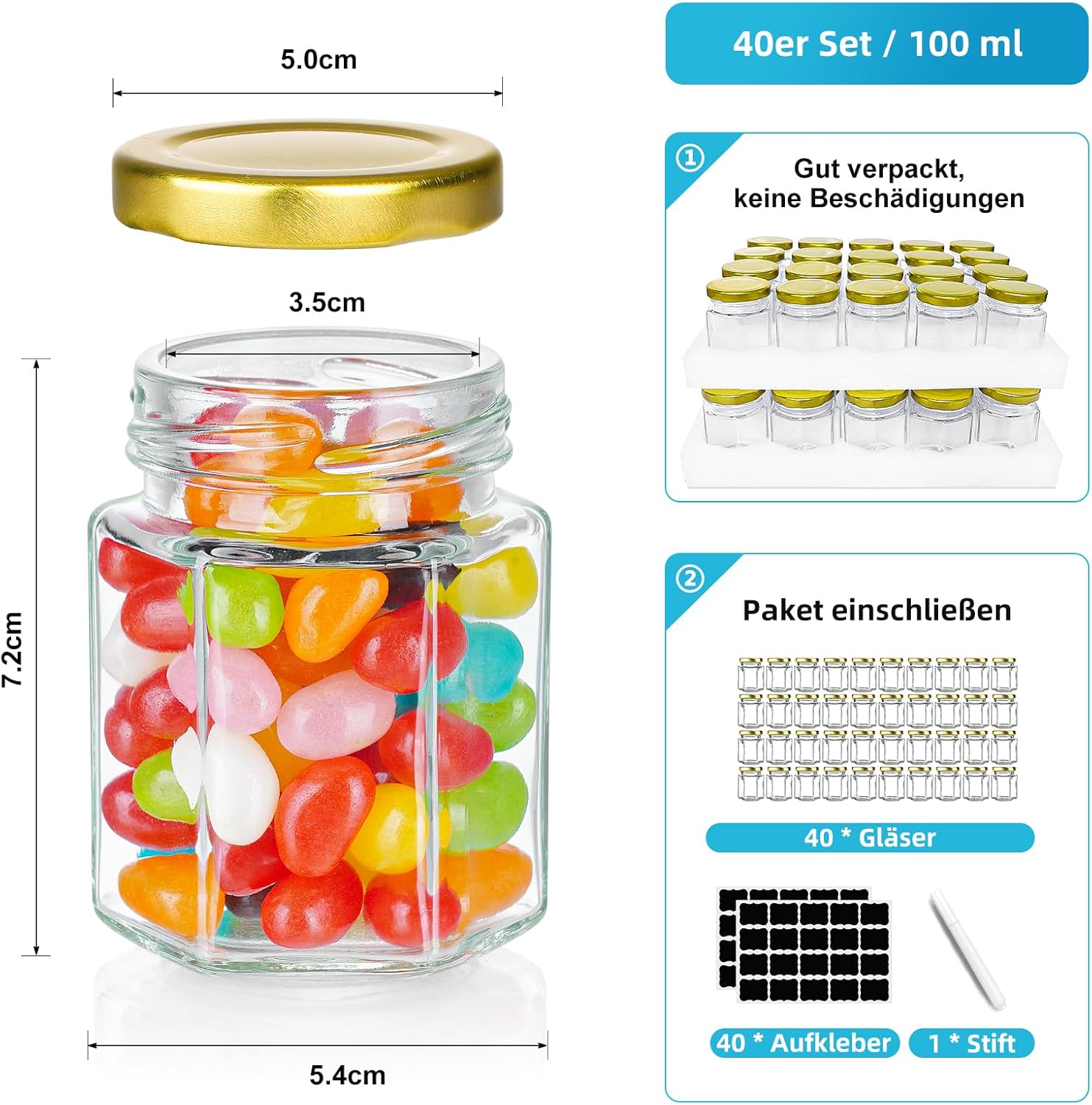 Thumbnail 2 de Absovetu Kleine Gläser mit Metalldeckel und Etiketten – 100 ml, hexagonal, wiederverwendbar