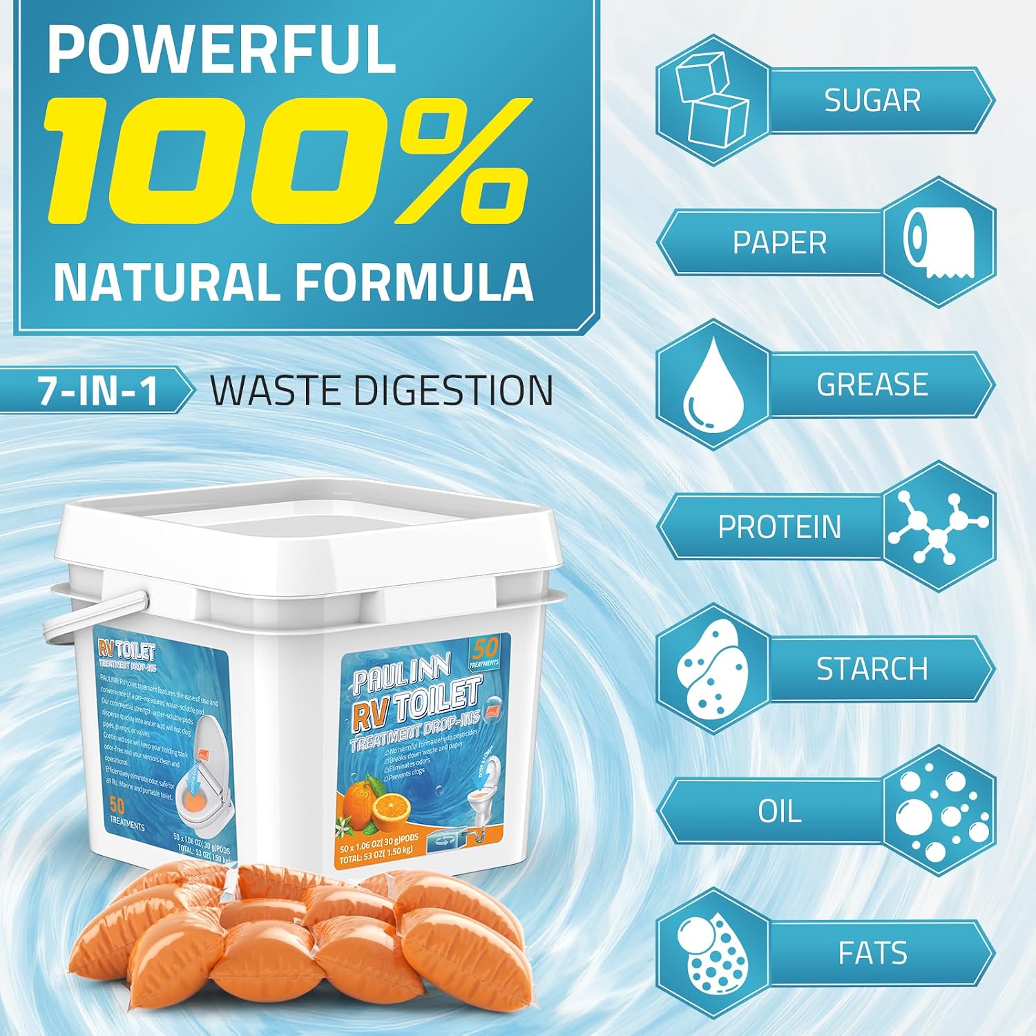 Detalle 2 de PAULINN RV Toilet Treatment, 50-Pack Water-Soluble Pods, Orange