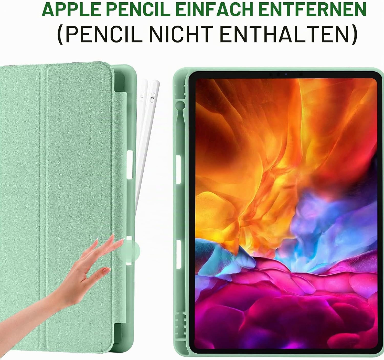 Detalle 2 de Palkitsee Hülle für iPad 10,2 Zoll (9.8./7. Gen) Grün Matcha – mit Stifthalter und Standfunktion