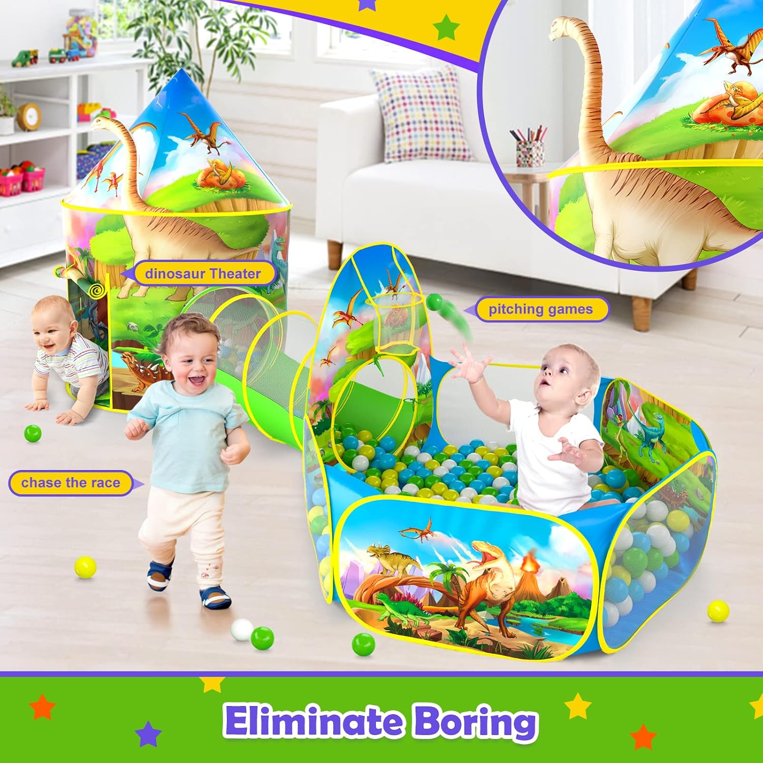 Detalle de 3PC Dinosaur Tent for Boys with Ball Pit, Tunnel & Pop Up Playhouse