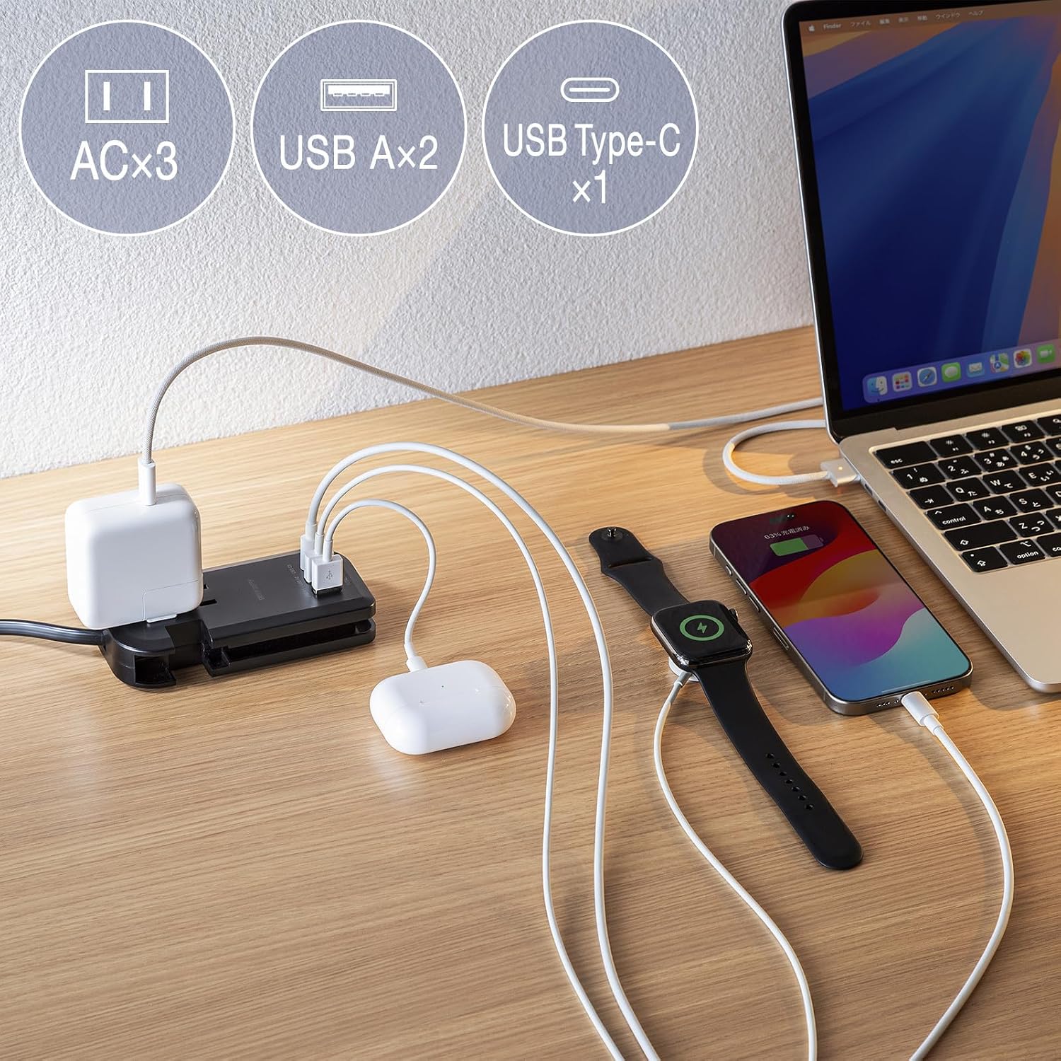 Detalle 2 de サンワサプライ TAP-MCU3BK 電源タップ PD33W・コード巻き取り式・AC3個口