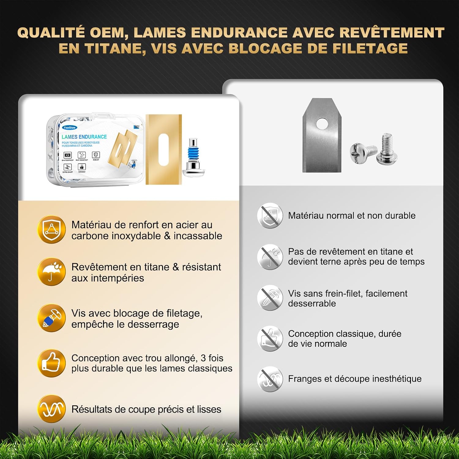 Detalle de FourShow - Lot de 36 lames durables en titane pour robot Husqvarna et Gardena (avec vis et revêtement de sécurité)