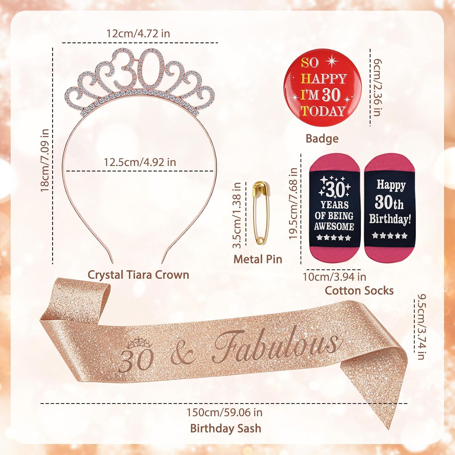 Detalle de TUZELIYA 30th Birthday Gifts Set for Women: Sash, Crystal Tiara Crown, Socks and Badges