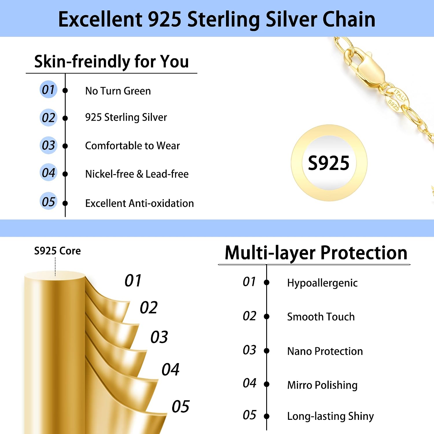 Detalle de Jewlpire 18k Gold Plated 925 Sterling Silver Chain Necklace for Women