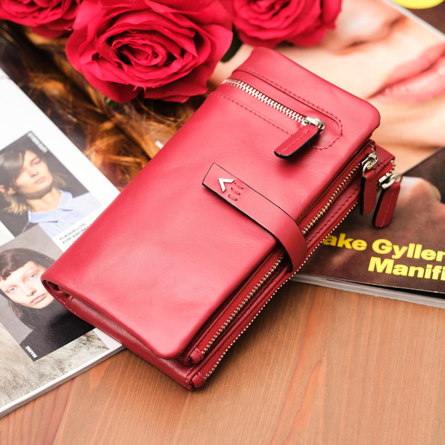 Detalle de Lavalen Portafoglio Donna in Pelle Vera — Portafoglio Grande Capacità con RFID, Rosso