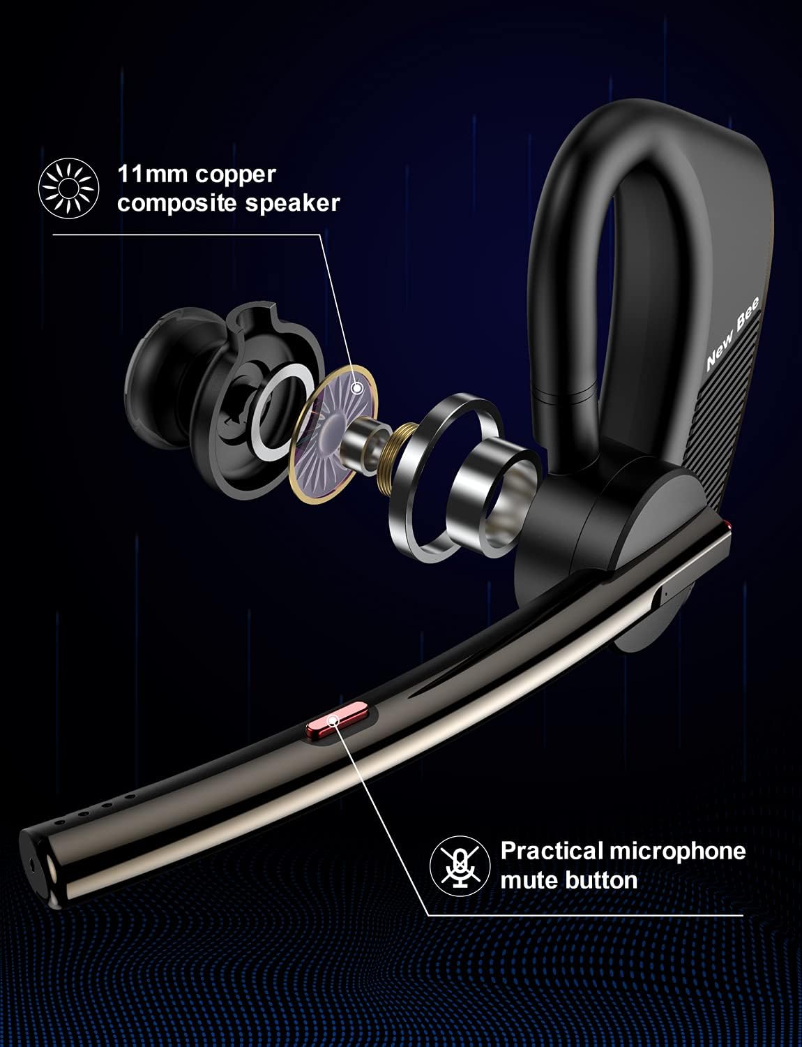 Detalle de New Bee Bluetooth Headset Handsfree: Lightweight 24h Talk Time, ENC Noise Reduction and Dual Mics