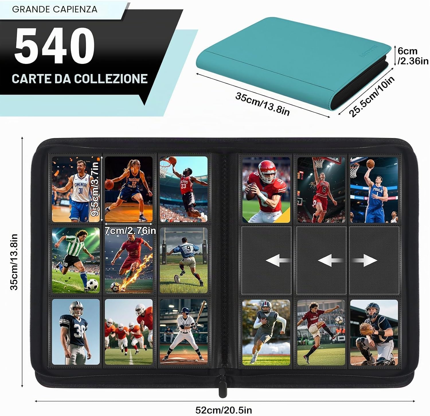 Detalle de WITHYU 9 Album Collezionista per Carte – Capacità 540, Impermeabile e Anti-Graffio, Inserimento Laterale, Acquamarina