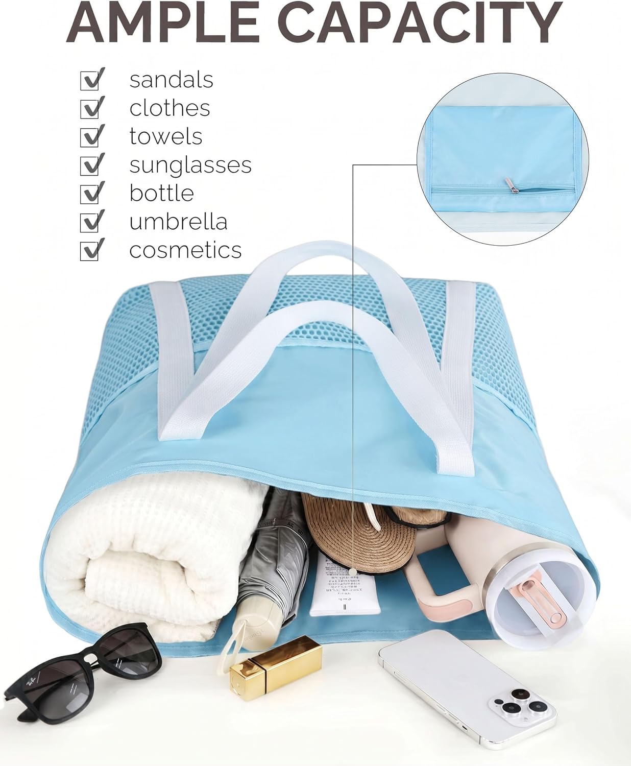 Thumbnail 3 de HOMESPON Beach Tote Bag for Women with Zip and Pockets – Large Waterproof Mesh Travel Handbag