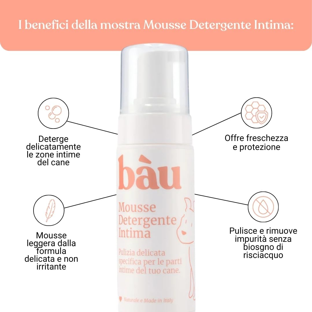 Detalle de Bau Mousse Detergente Intimo per Cani senza Risciacquo con Camomilla e Aloe Bio
