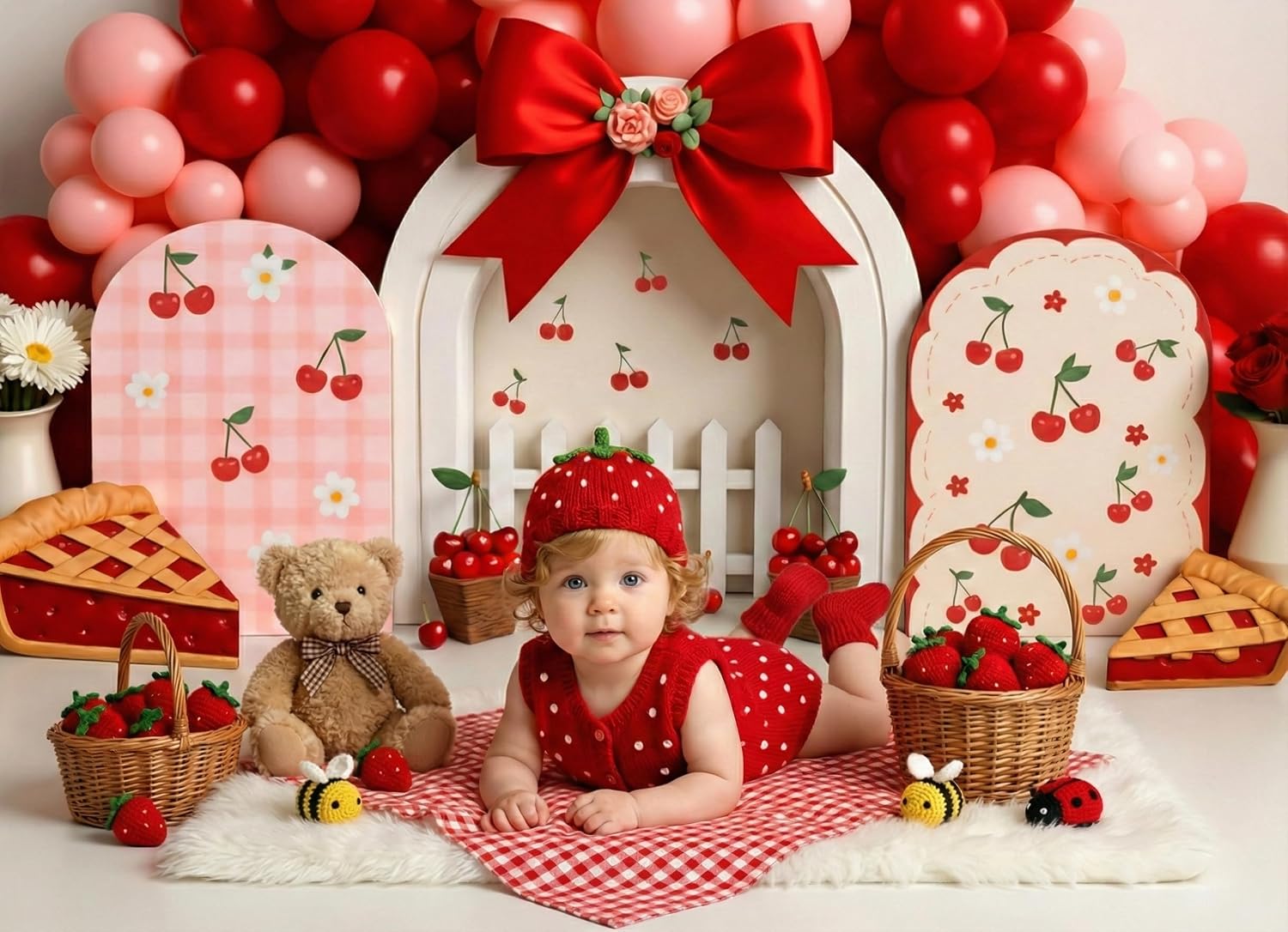 Thumbnail 6 de Kate Cake Smash Cherry Pie Photography Backdrop 7x5ft (2.2x1.5m) - Bow Tie Cherry Sandwich Balloon Arch Theme