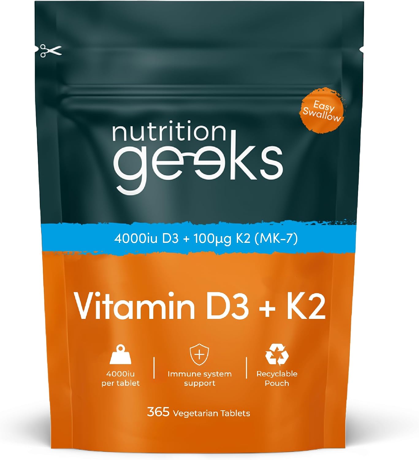 Detalle de Nutrition Geeks Vitamin D3 4000 iu + Vitamin K2 MK7 100μg Tablets — 365‑Day Supply