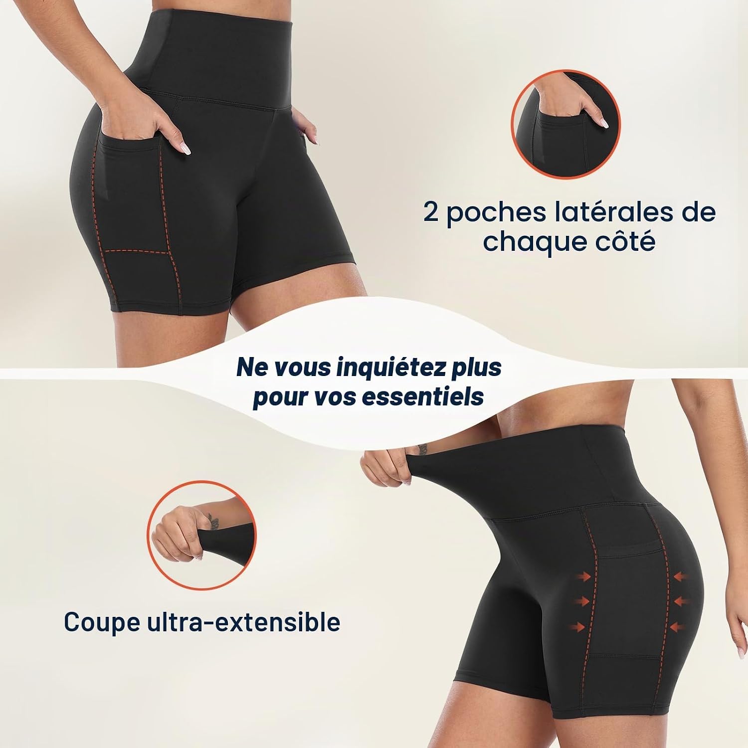 Detalle de GIMDUMASA Shorts de sport femme taille haute avec pochette GI371 – confort et maintien pour yoga, fitness et running