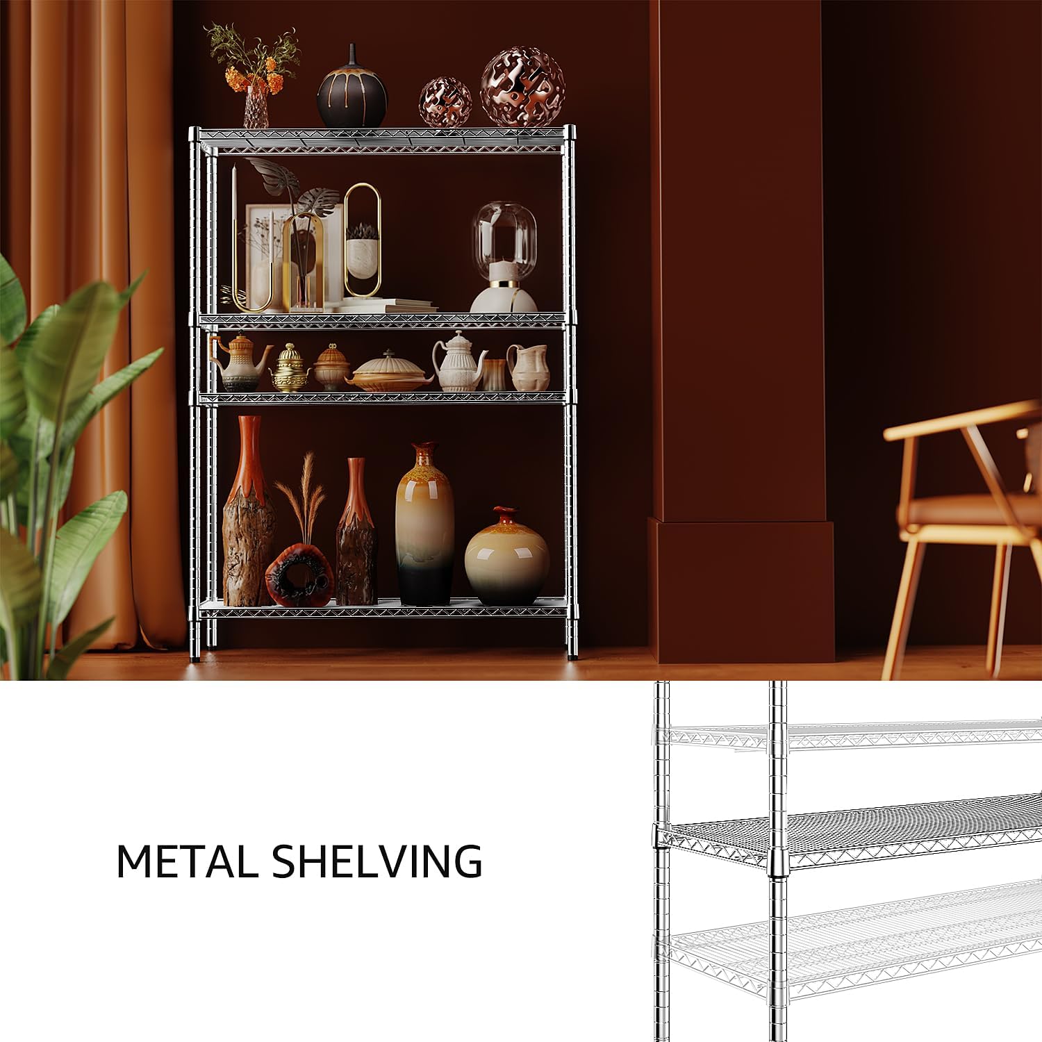 Detalle de IZEUK A45150180BHI401B-HX 4-Tier Adjustable Chrome Metal Shelving Rack