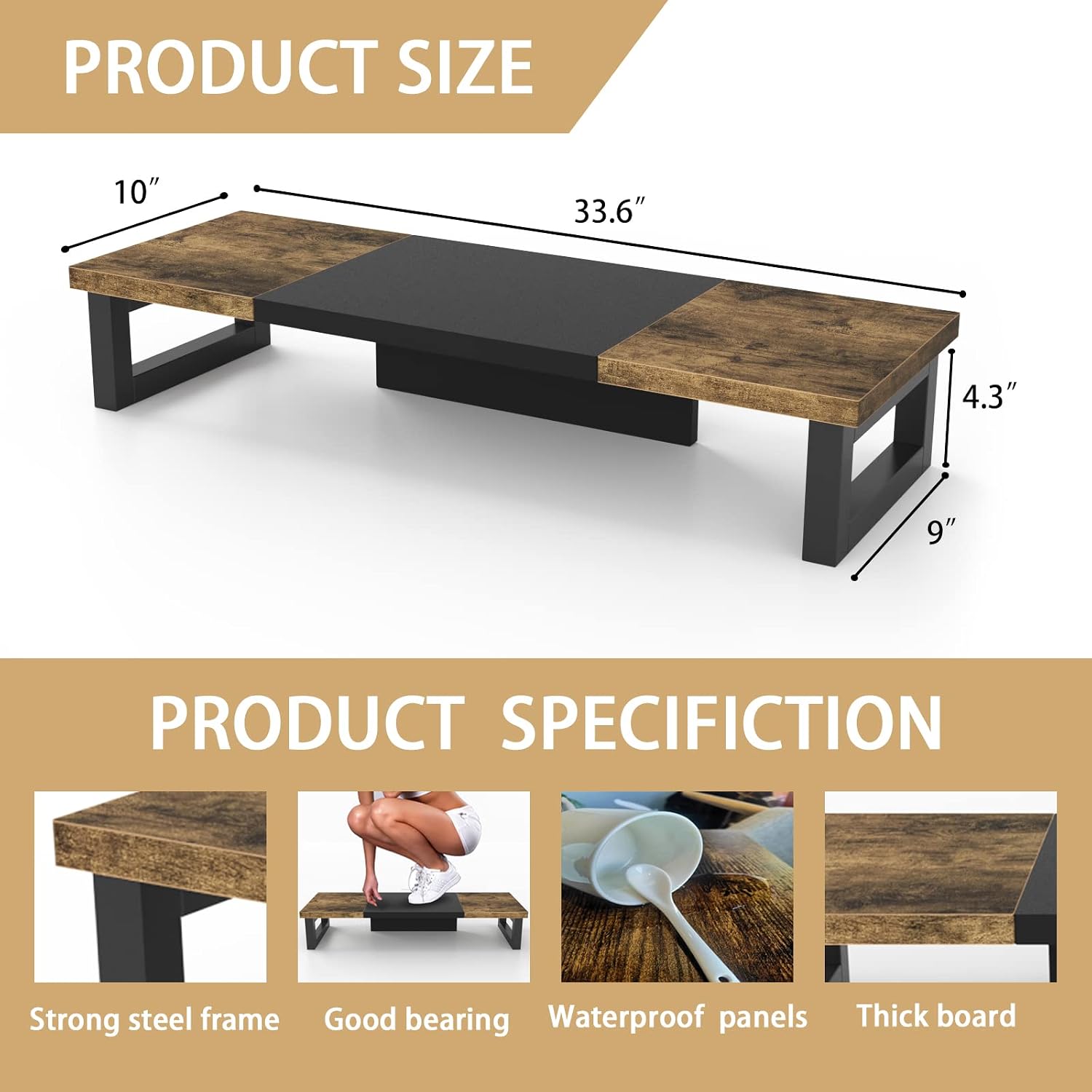 Thumbnail 6 de WESTREE Dual Monitor Riser Stand, Large Rustic Brown Wood Desktop Shelf