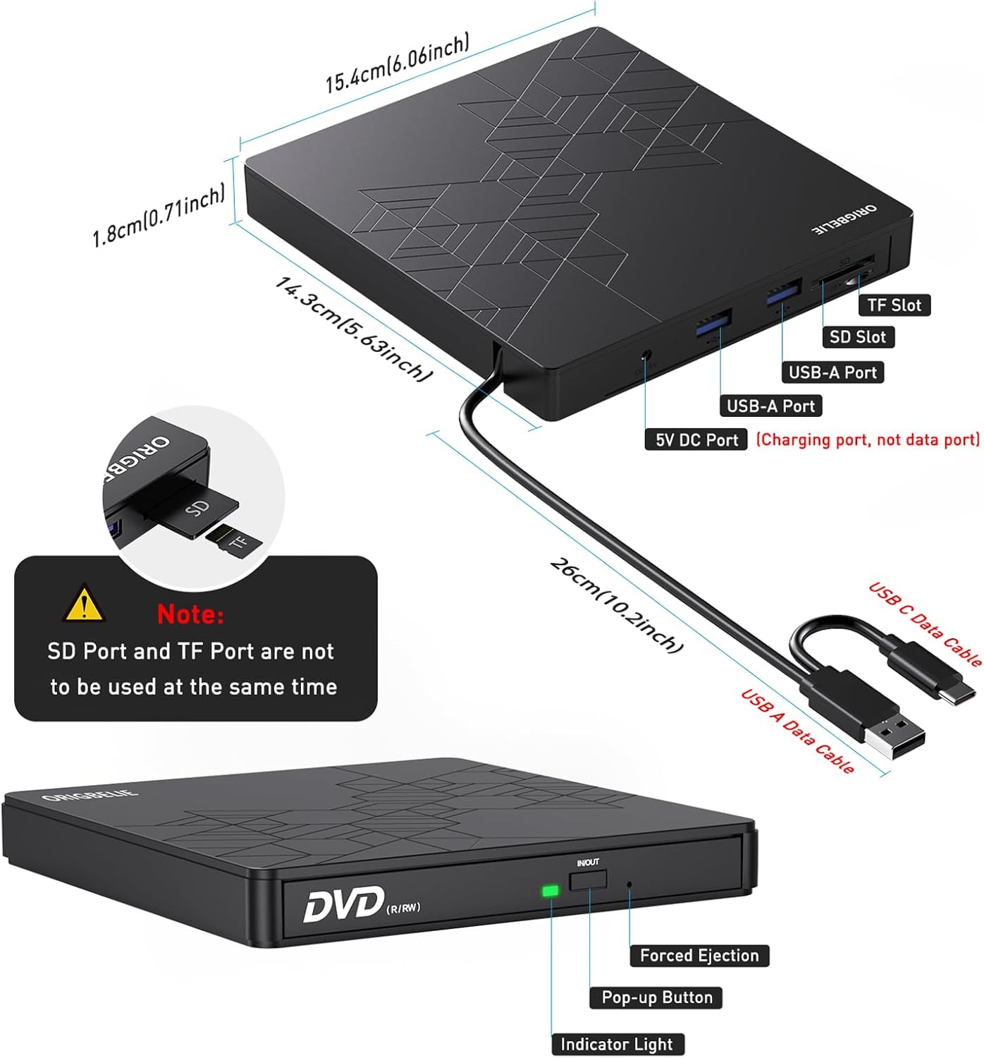 Detalle de ORIGBELIE External CD/DVD Drive with USB 3.0 Type-C — Portable Slim ODD for Laptops, PCs, and Mac