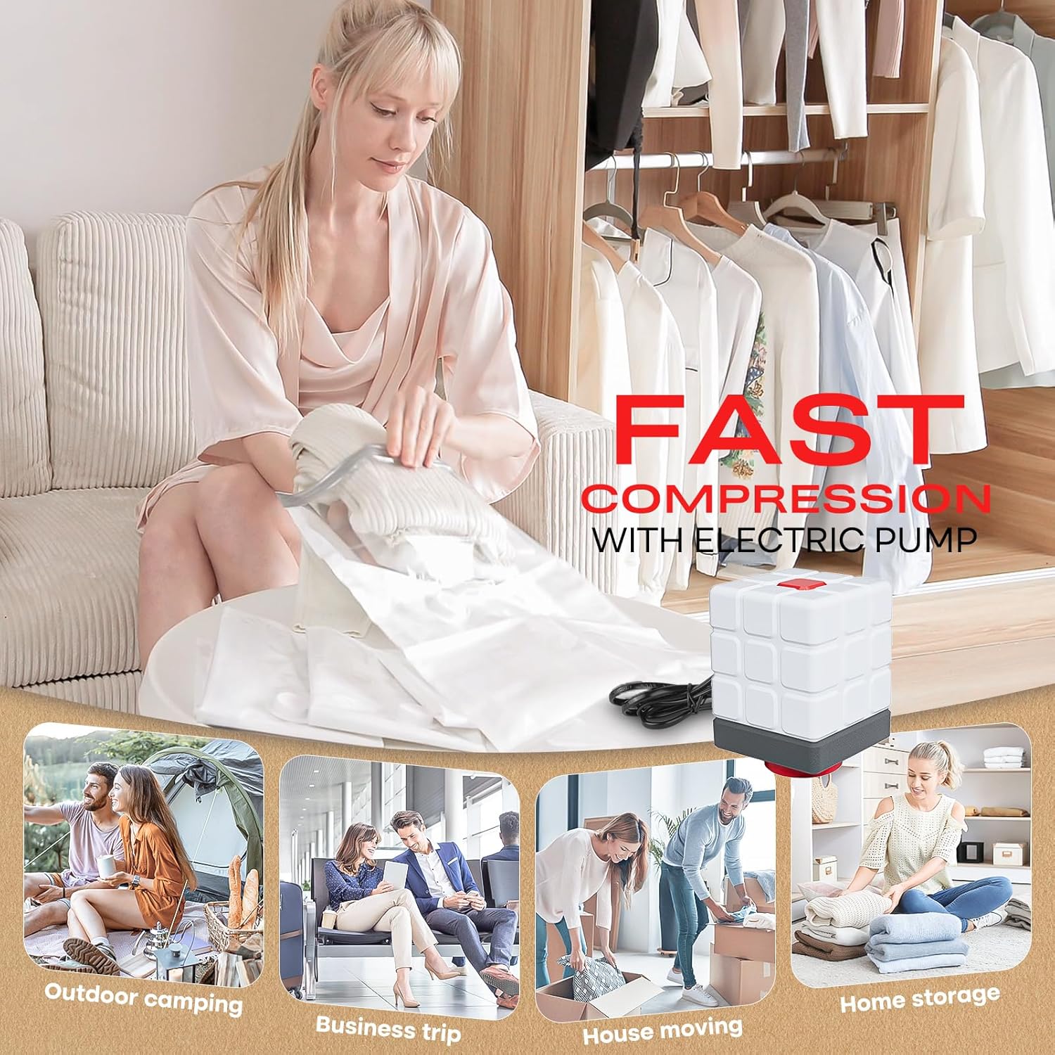 Detalle de Vacbird Vacuum Storage Bags (8 Pack) with Electric Air Pump – Reusable Space Saver Bags for Clothes