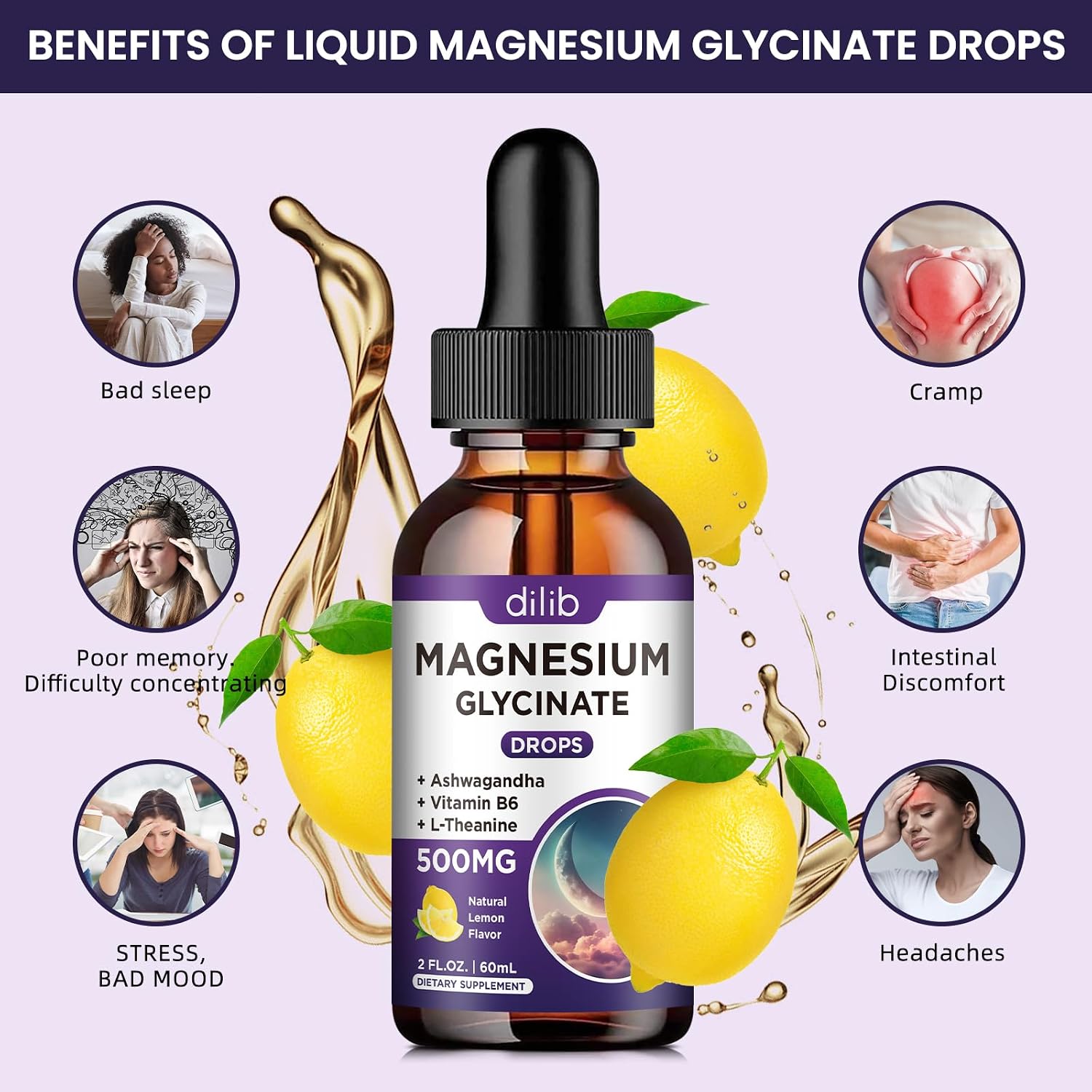 Detalle 2 de dilib Magnesium Glycinate Liquid Drops, 500 mg, Vitamin B6 & Herbal Blend