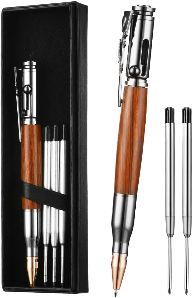 Detalle de AUAUY Bolt Action Pen – kulspetspenna med träkorn, metallkropp och 1 mm spets
