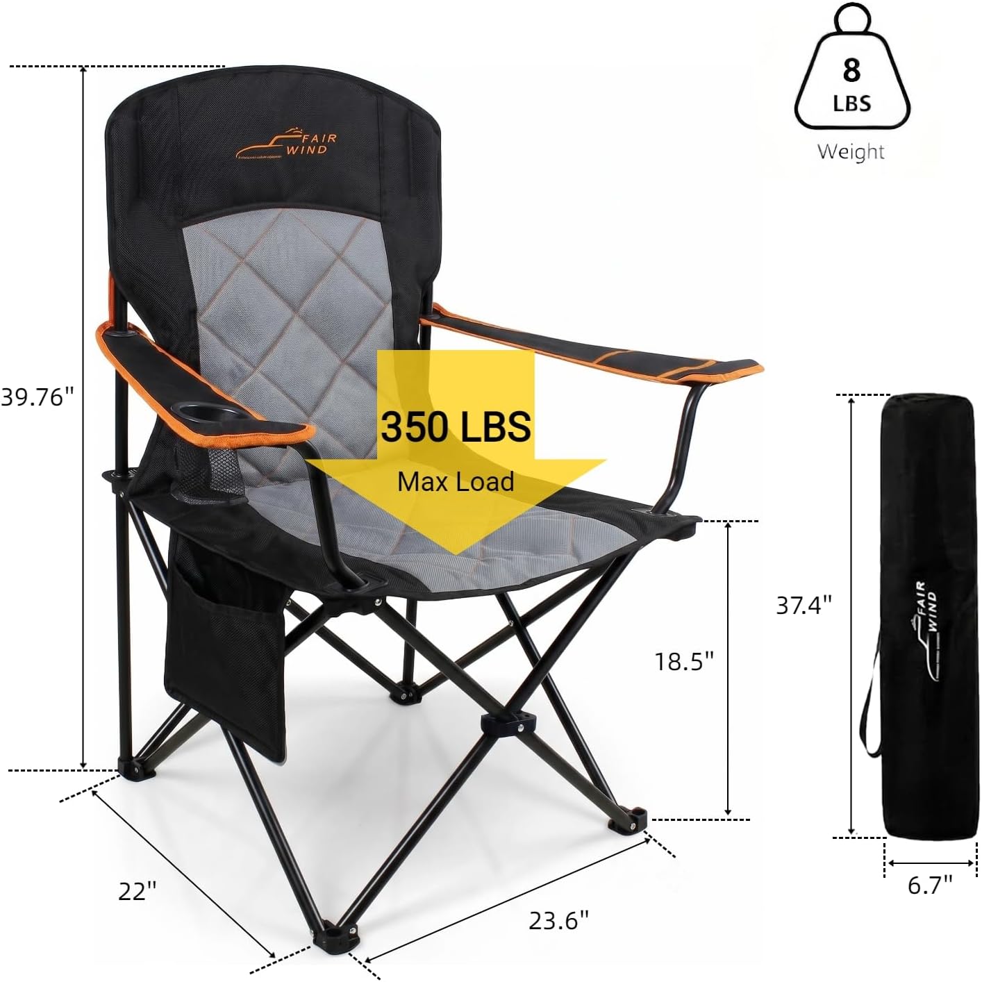 Detalle de FAIR WIND 2 Pack Fully Padded Camping Chairs (350LBS) with Cup Holder & Side Pocket