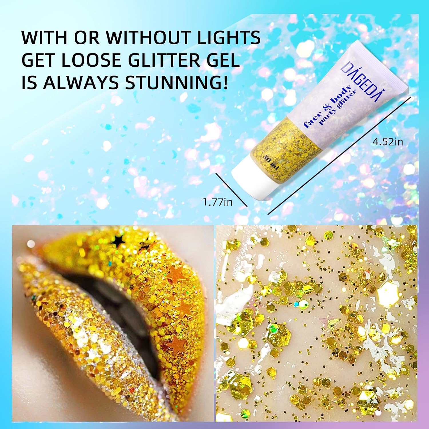 Detalle de Prreal Body Glitter Gel 50 ml – paillettes holographiques pour visage, corps, cheveux et ongles (02 Gold)