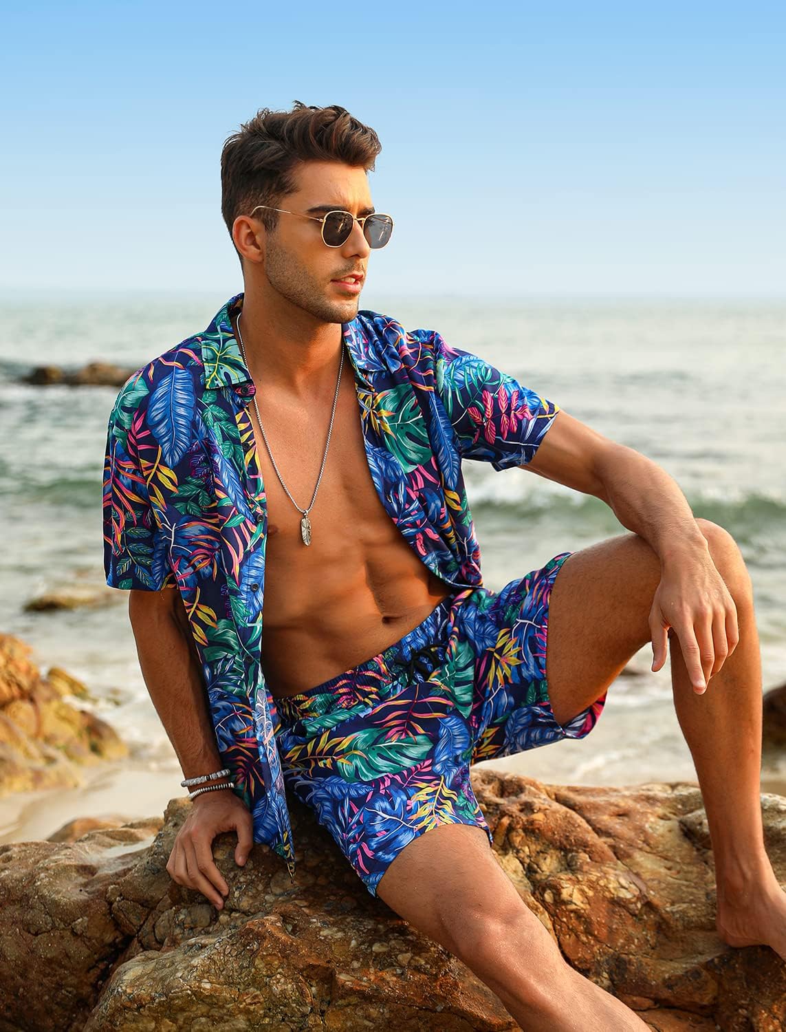 Detalle de EISHOPEER Men’s Hawaiian Shirt and Shorts Set with Tropical Print and Bucket Hat