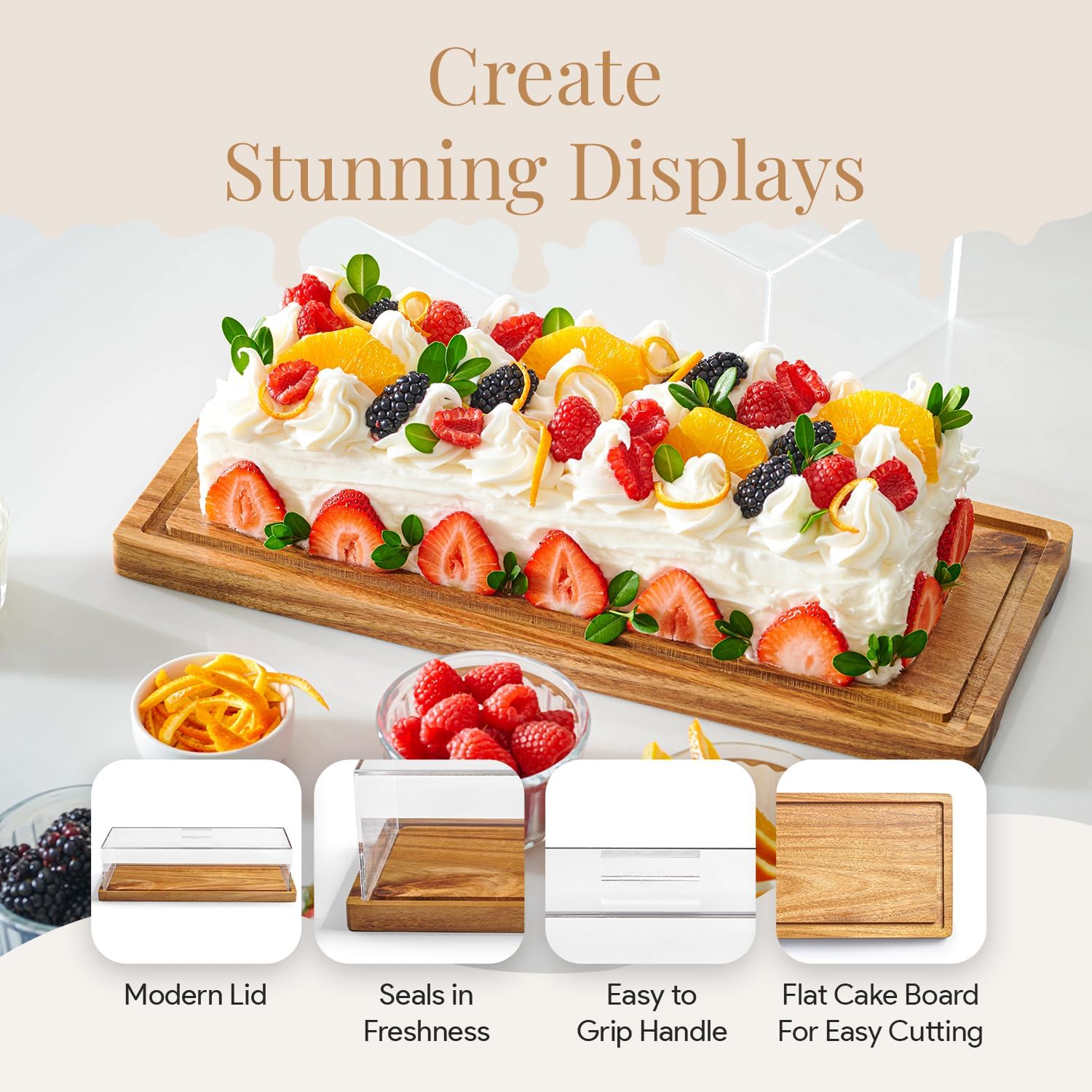 Thumbnail 3 de HOMESPHERE Cake Display with Lid (Acacia Wood Dessert Stand) with Acrylic Cover, Large Rectangle Tray Platter