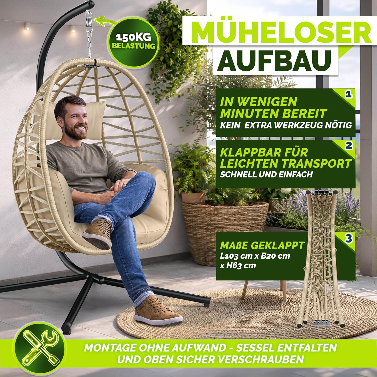Thumbnail 3 de tillvex Hängesessel mit Gestell – wetterfester Outdoor Hängesessel aus Polyrattan (Beige)